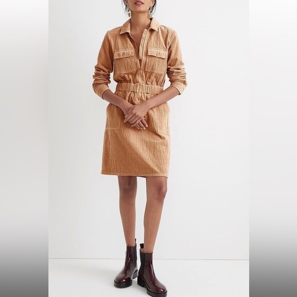 J CREW Woman’s Zip Front Cinched Long Sleeve Dress In Corduroy, Size 6 - Picture 2 of 12